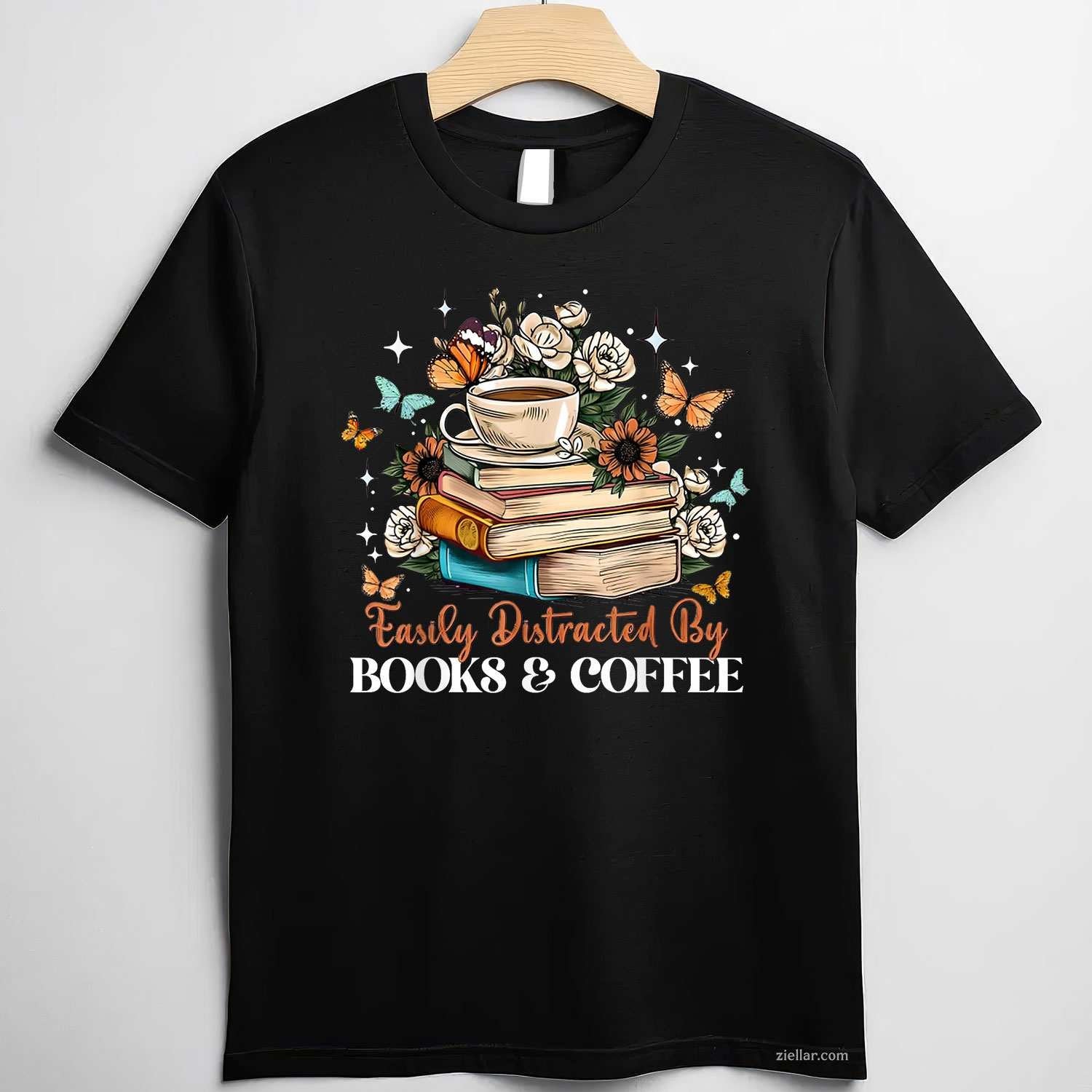 Easily Distracted by Books & Coffee Floral Book Lover Retro T-Shirt