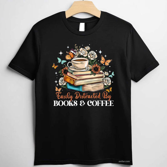 Easily Distracted by Books & Coffee Floral Book Lover Retro T-Shirt
