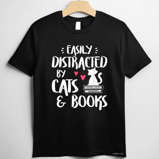 Easily Distracted by Cats and Books - Cat & Book Lover, Short Sleeve T-Shirt