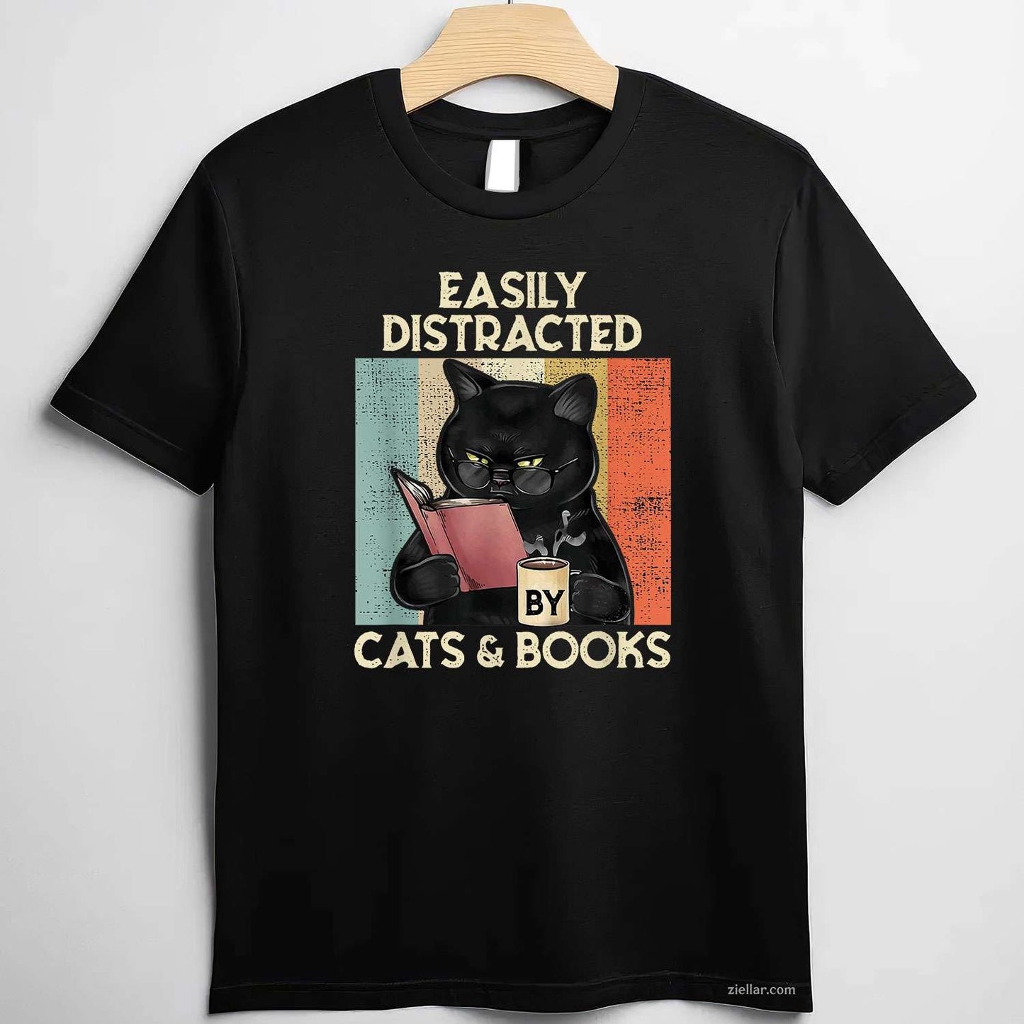 Easily Distracted By Cats And Books T-Shirt, Vintage Graphic Tee For Cat Lovers Adults