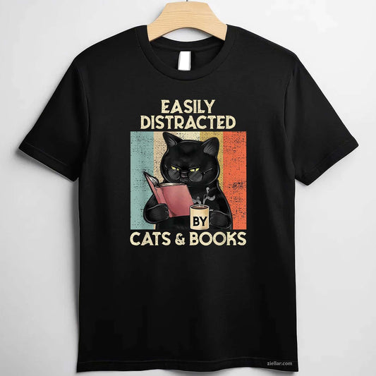 Easily Distracted By Cats And Books T-Shirt, Vintage Graphic Tee For Cat Lovers Adults