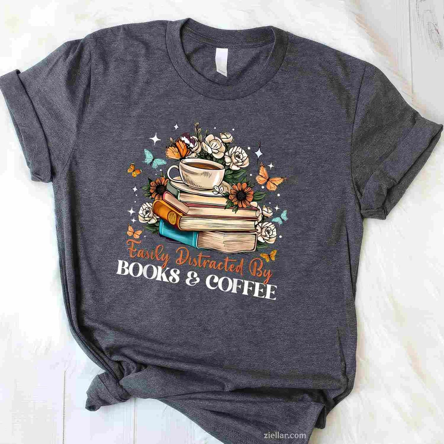 Easily Distracted by Books & Coffee Floral Book Lover Retro T-Shirt