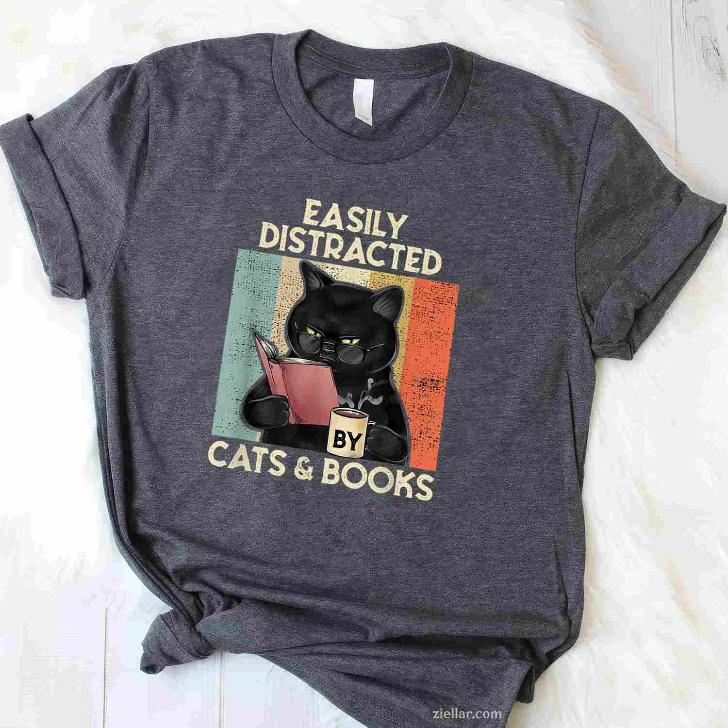 Easily Distracted By Cats And Books T-Shirt, Vintage Graphic Tee For Cat Lovers Adults