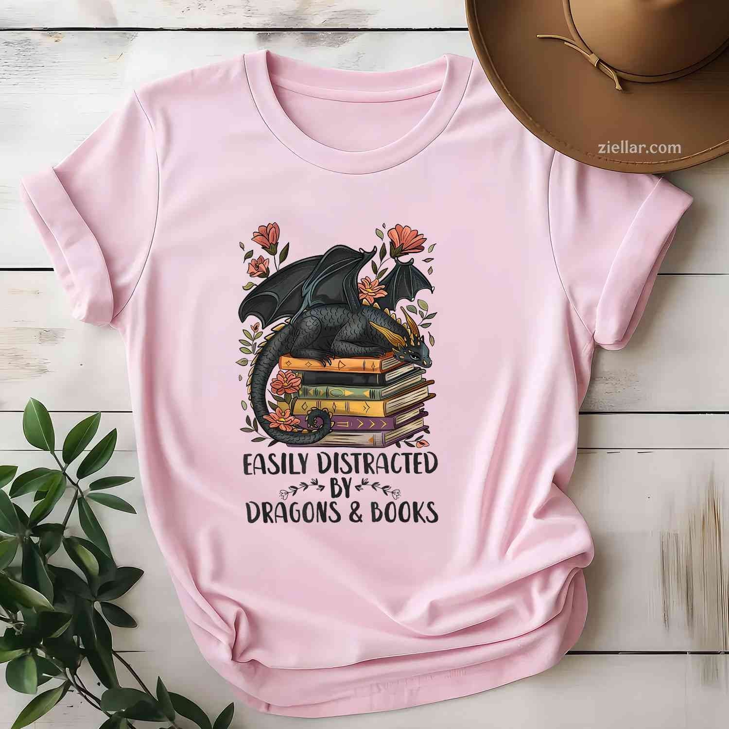 Easily Distracted By Dragons & Books T-Shirt, Romantasy Book Lover Vintage Graphic Tee For Adults