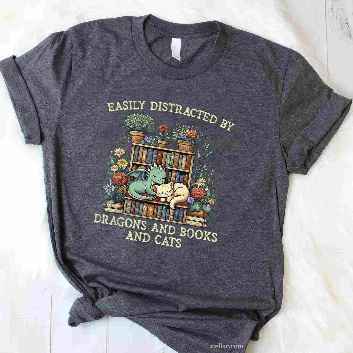 Easily Distracted By Dragons Books Cats T-Shirt, Fantasy Book Lover Vintage Graphic Tee For Adults Unisex