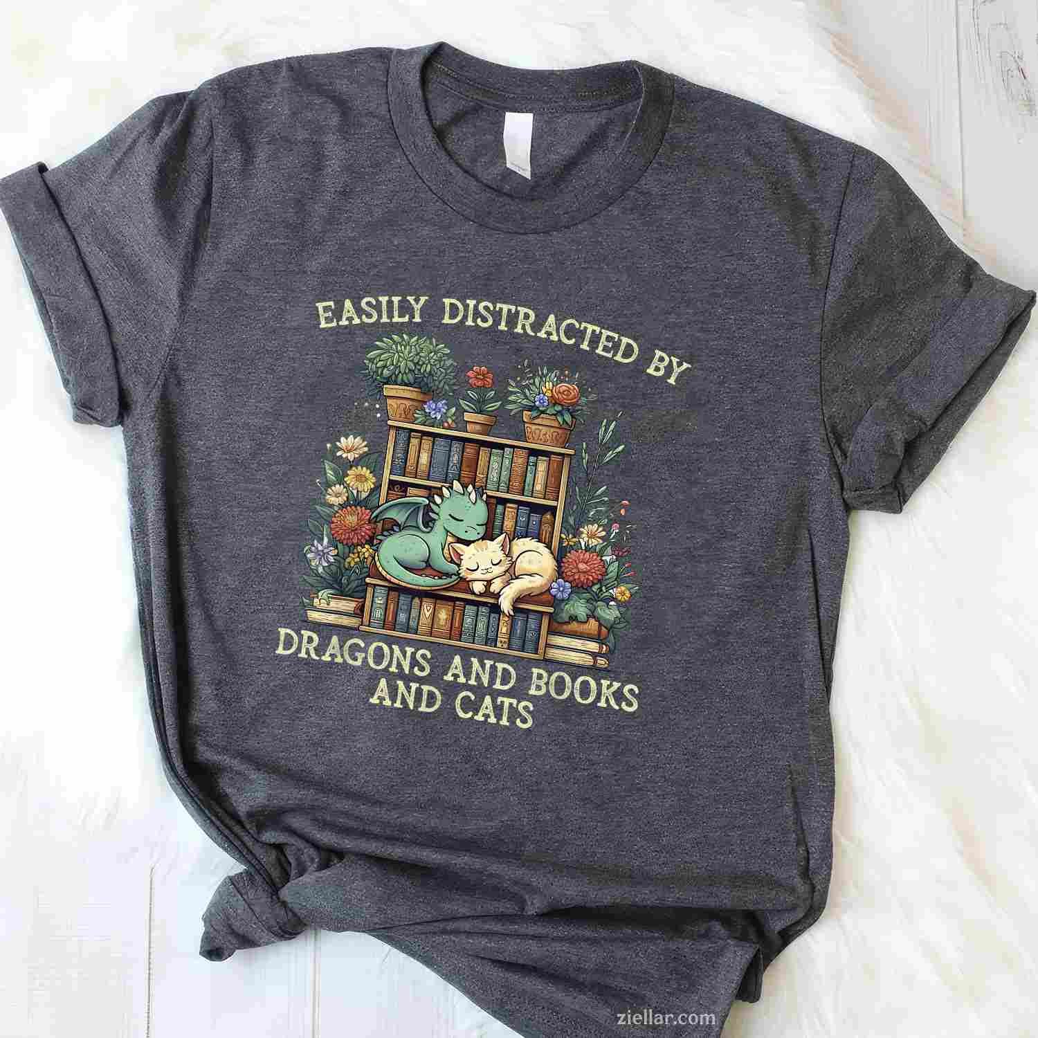Easily Distracted By Dragons Books Cats T-Shirt, Fantasy Book Lover Vintage Graphic Tee For Adults Unisex