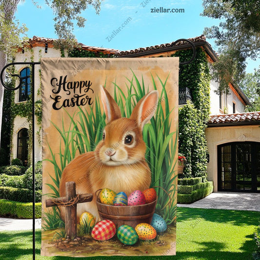 Easter Bunny with Cross and Eggs Religious Spring Decoration for Home or Yard