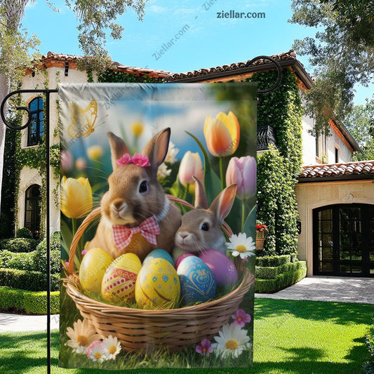 Easter Bunny and Basket of Eggs Surrounded by Flowers Spring Home Decor