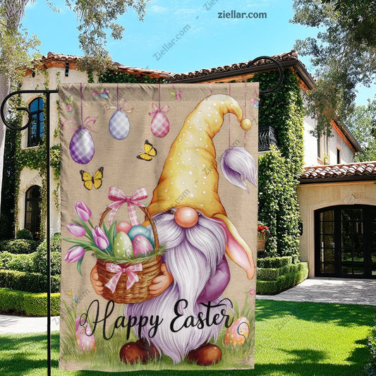 Easter Bunny Gnome Garden Flag 12x18 Inch Double Sided Burlap Yard Decoration