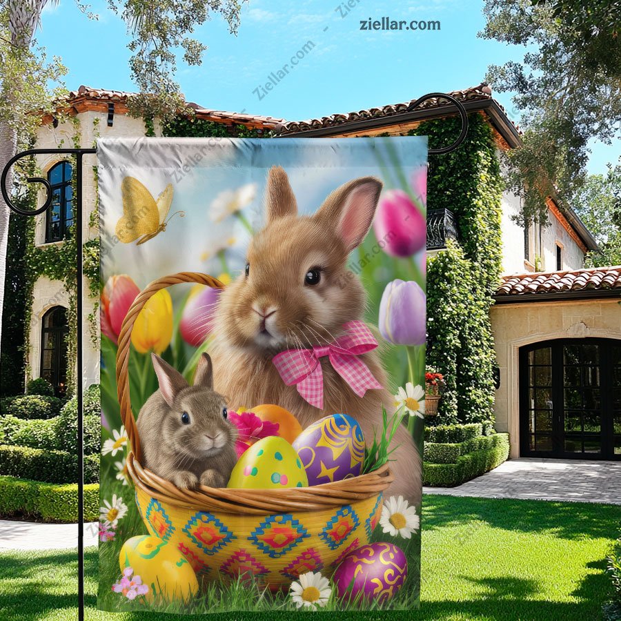 Easter Bunny with Basket of Colorful Eggs and Spring Flowers Holiday Decor