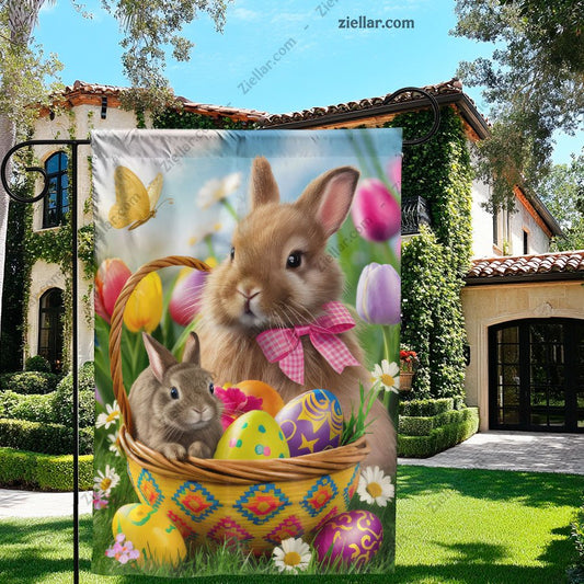 Easter Bunny with Basket of Colorful Eggs and Spring Flowers Holiday Decor