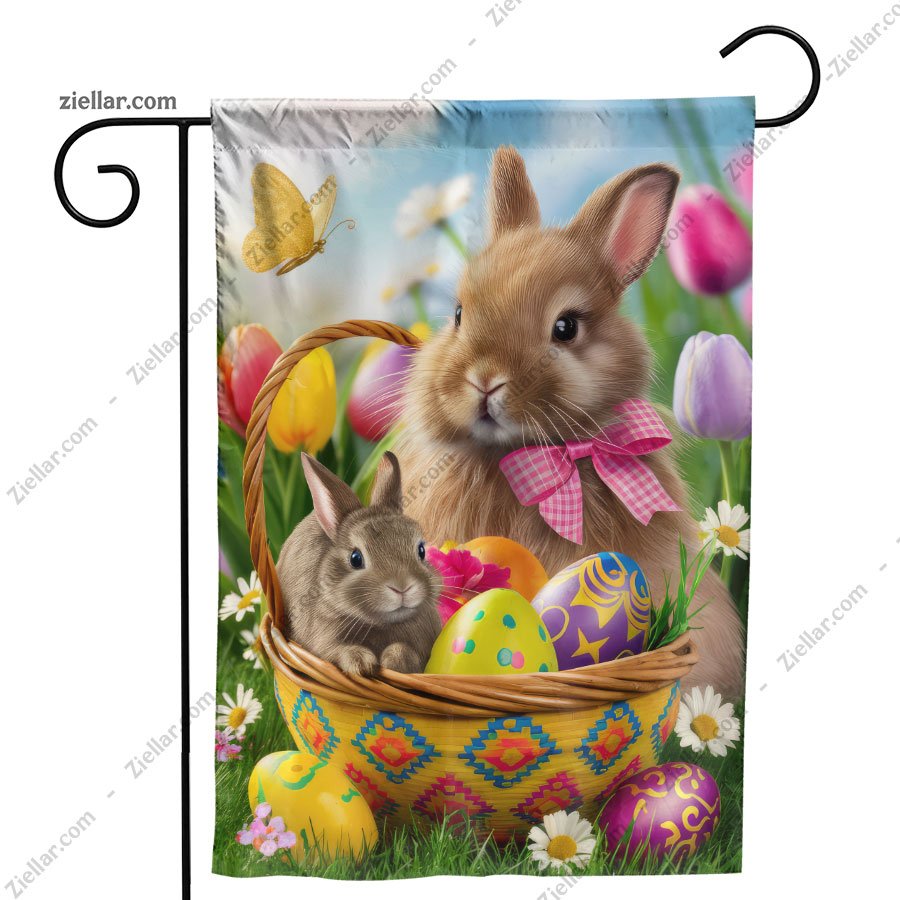 Easter Bunny with Basket of Colorful Eggs and Spring Flowers Holiday Decor
