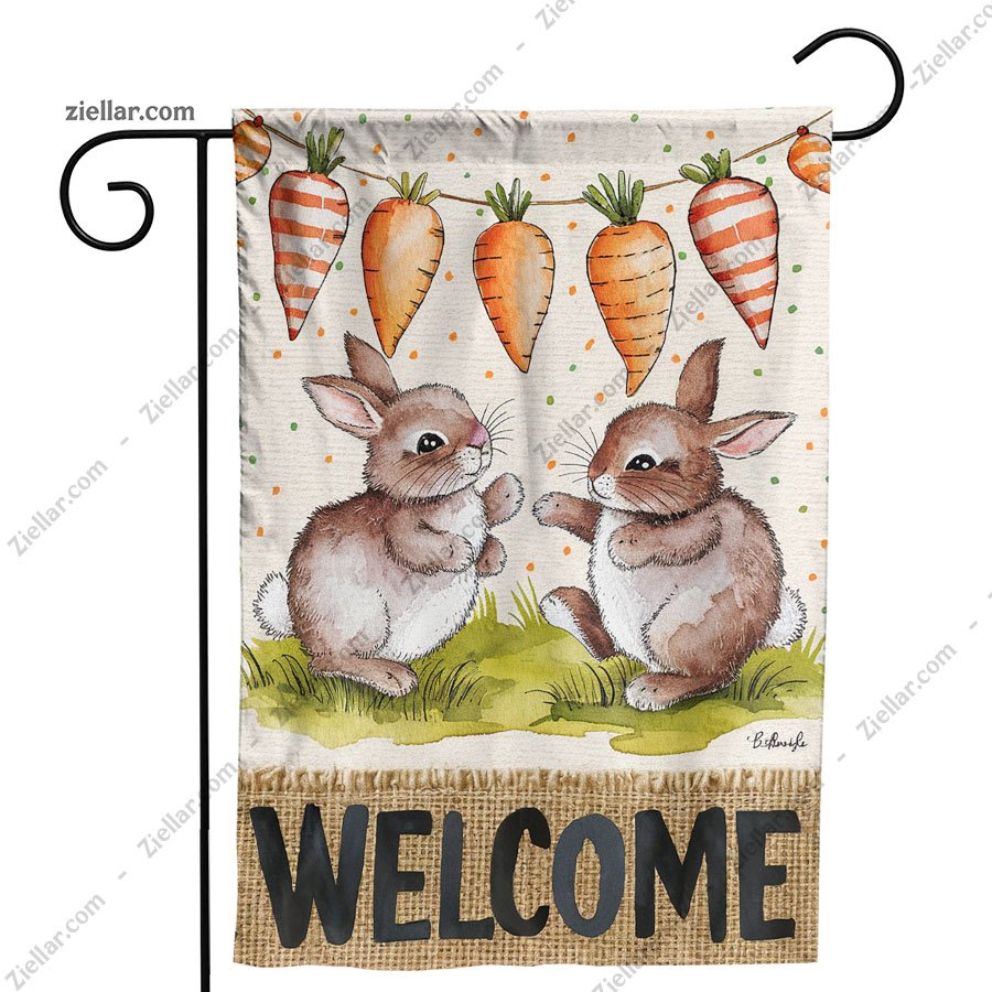 Easter Bunny Garden Flag 12x18_ Double Sided, Burlap Carrots Yard Outdoor Decor