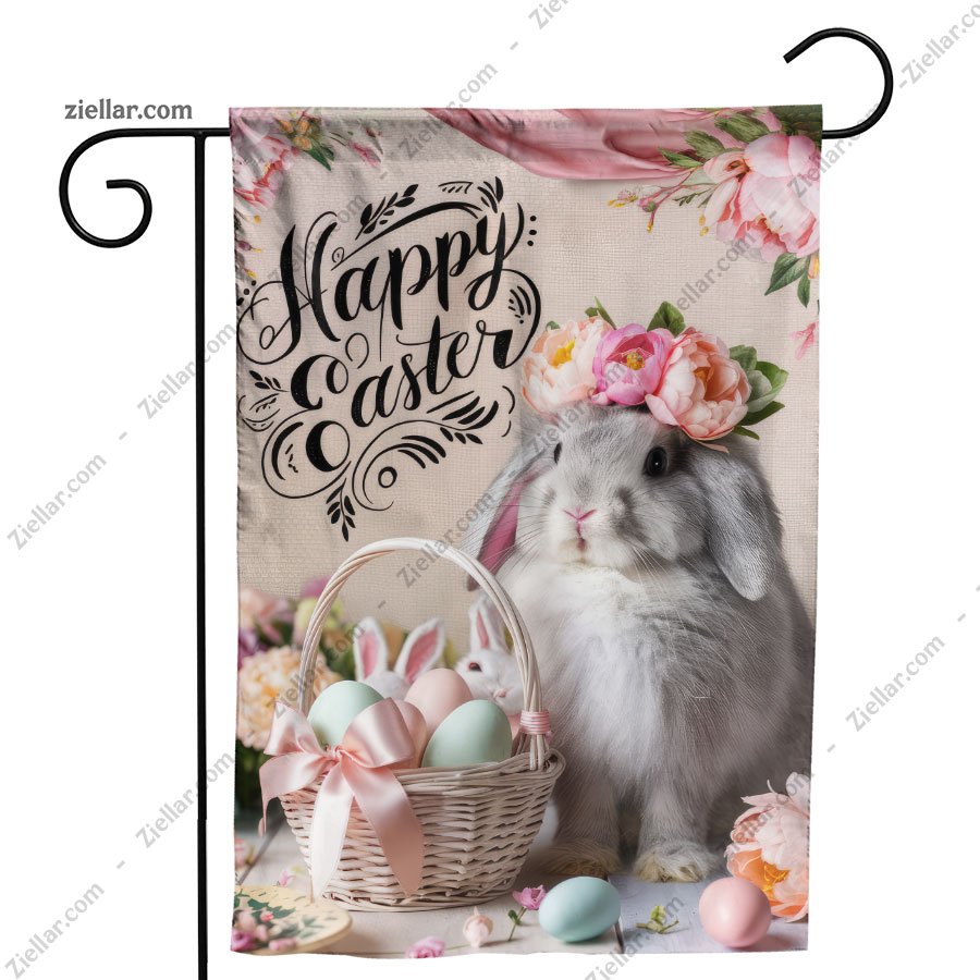 Easter Bunny Holding Basket with Flowers Festive Spring Outdoor Yard Decor