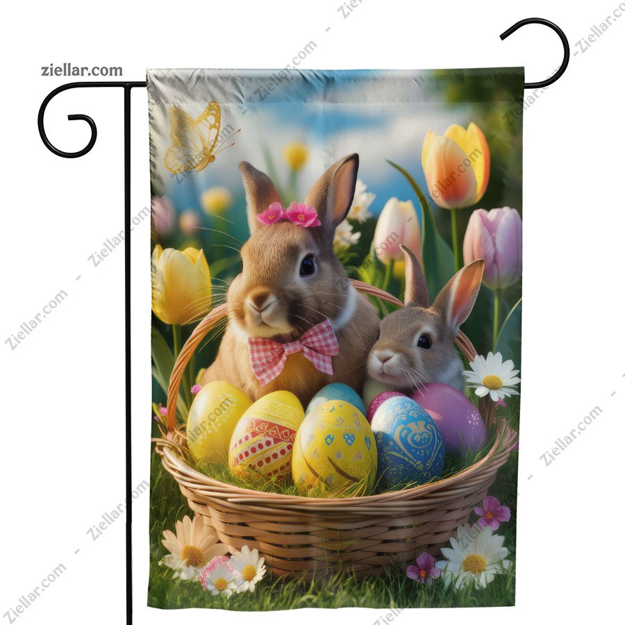 Easter Bunny and Basket of Eggs Surrounded by Flowers Spring Home Decor