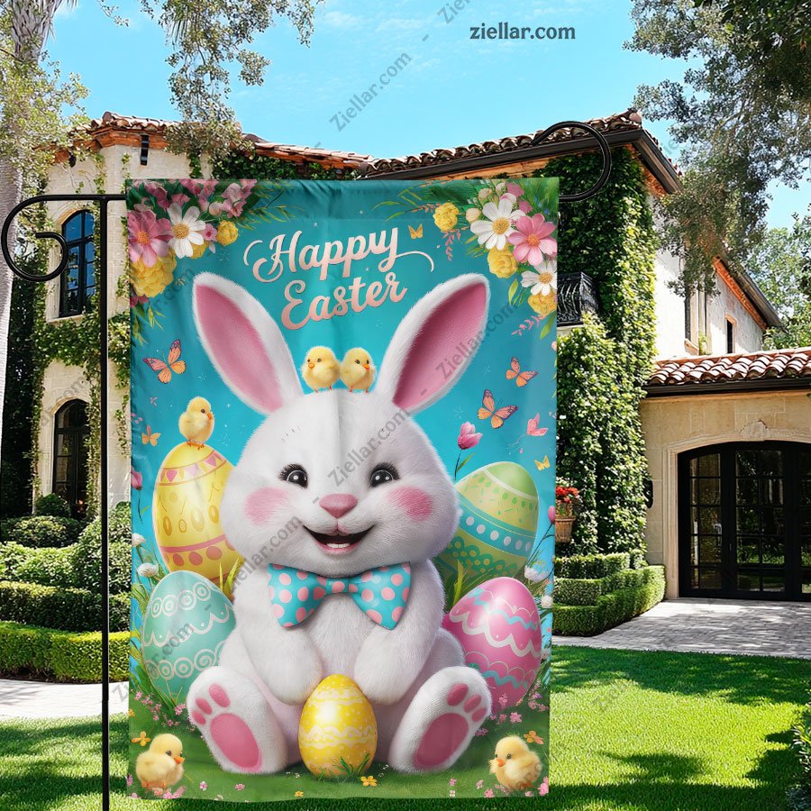 Easter Bunny Illustration with Colorful Eggs Festive Spring Wall Decoration