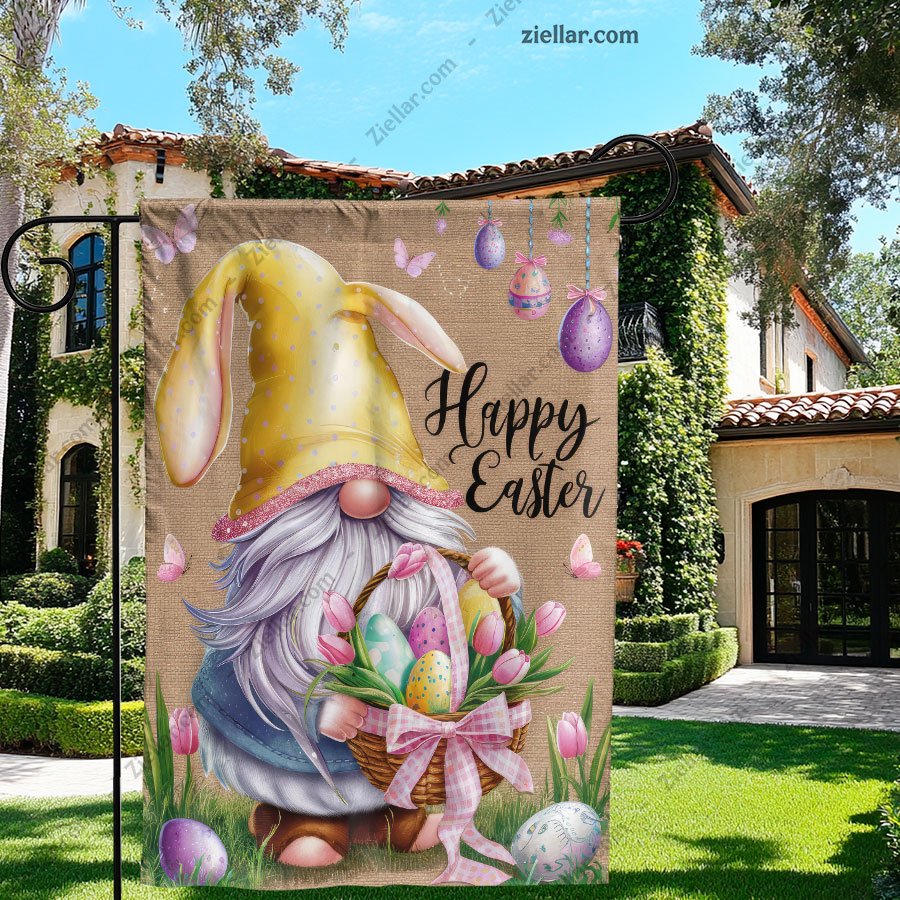 Easter Gnome with Bunny Ears Garden Flag 12x18 Double Sided Burlap Yard Decor