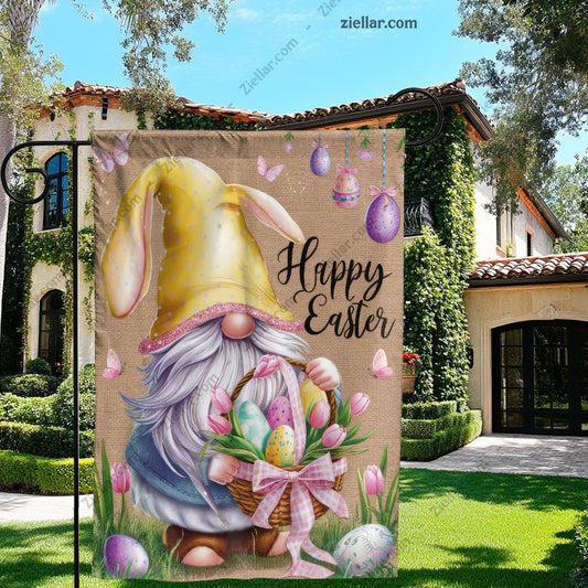 Easter Gnome with Bunny Ears Garden Flag 12x18 Double Sided Burlap Yard Decor