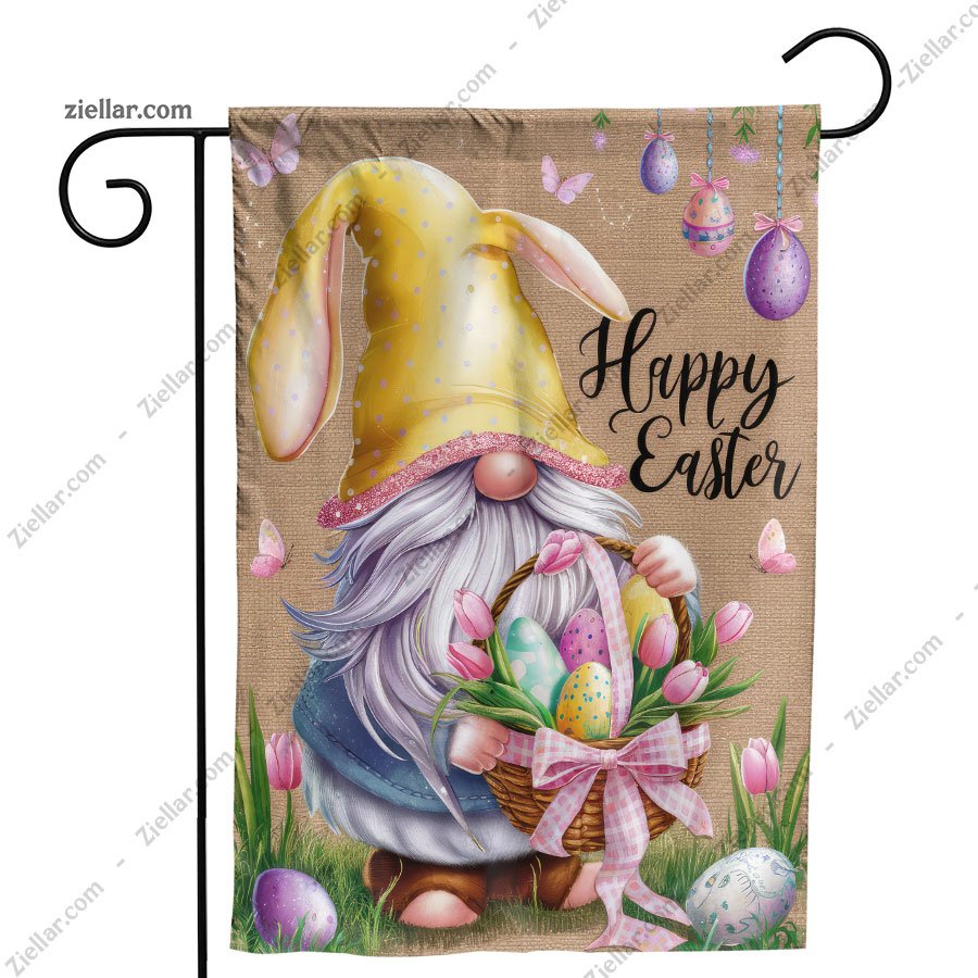 Easter Gnome with Bunny Ears Garden Flag 12x18 Double Sided Burlap Yard Decor