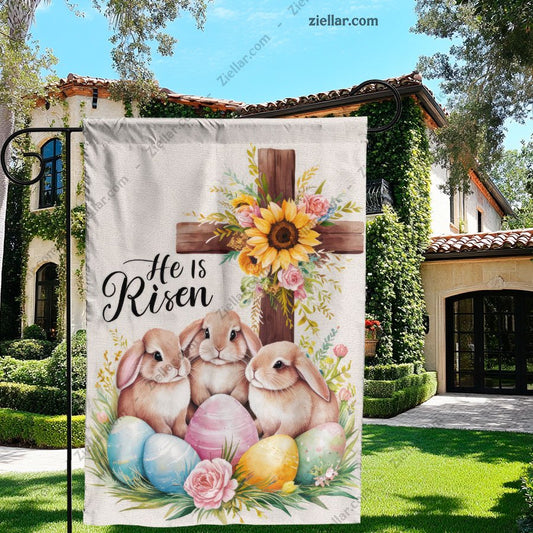 Easter He Is Risen Cross with Bunnies Religious Spring Decoration for Home