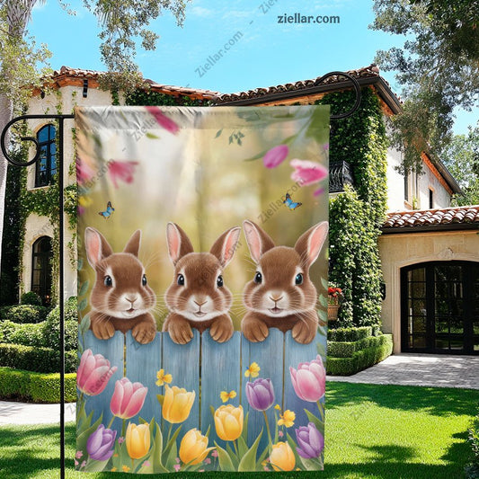 Easter Three Bunnies on a Fence with Colorful Flowers Spring Decor Decoration
