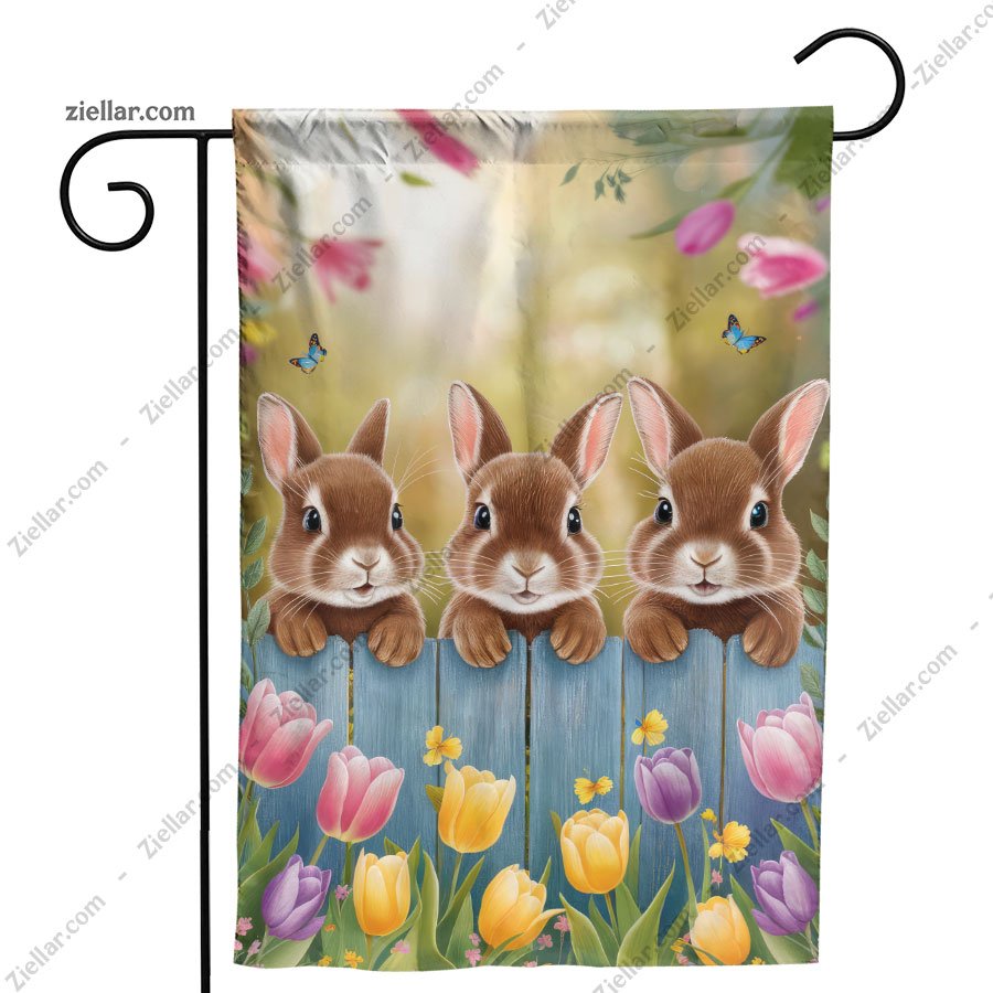 Easter Three Bunnies on a Fence with Colorful Flowers Spring Decor Decoration
