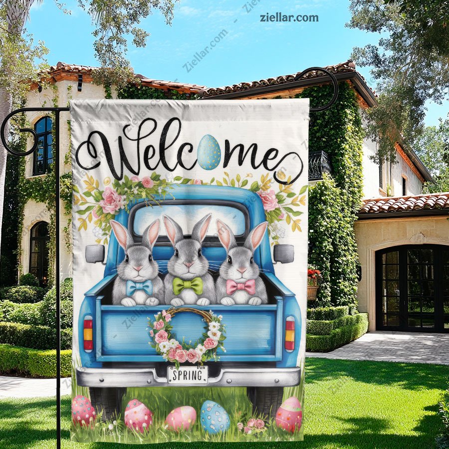 Easter Welcome Bunnies in Blue Truck Rustic Spring Decor for Home or Outdoor