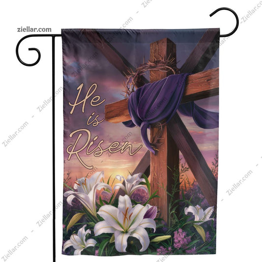 Easter _He is Risen_ Cross with Purple Cloth and Lilies Religious Wall Art