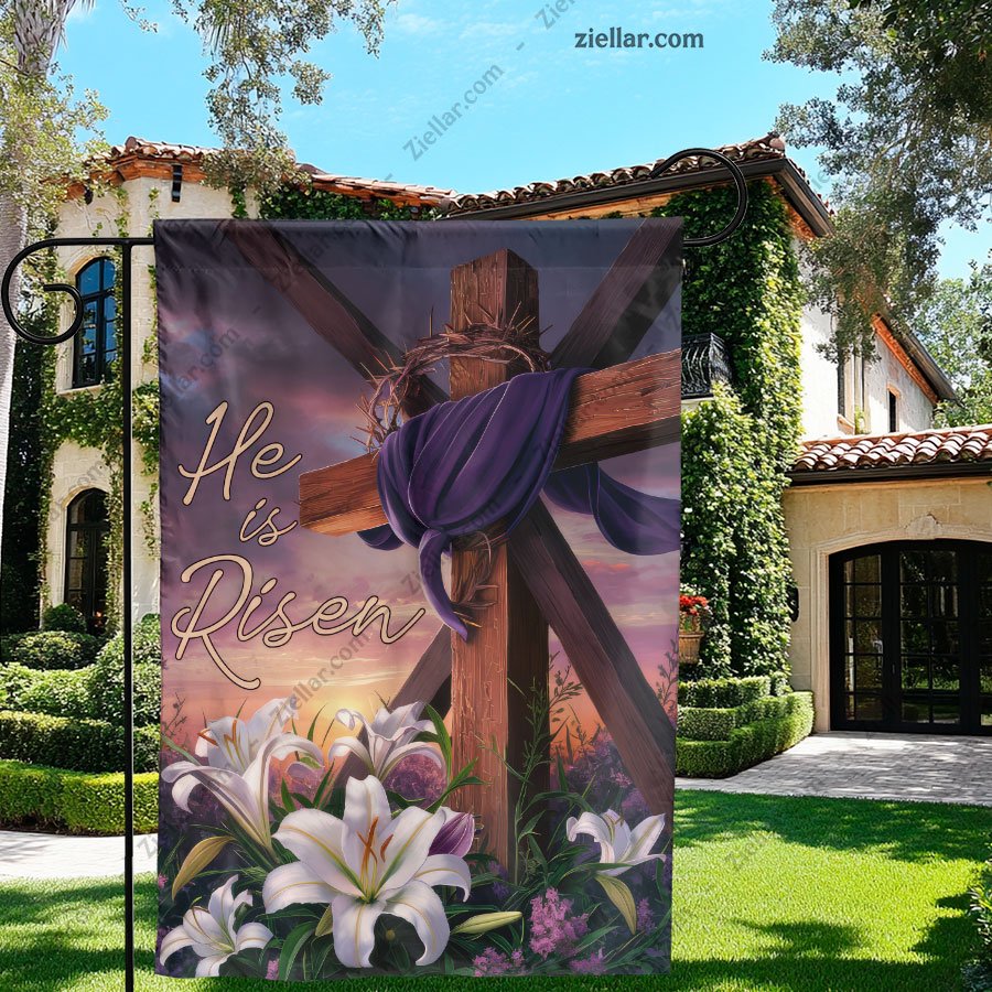 Easter _He is Risen_ Cross with Purple Cloth and Lilies Religious Wall Art