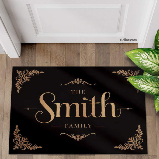 Elegant Custom Text_Photo Doormat, Floral Corner Design with Family Name