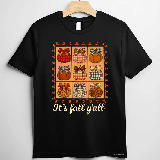 Fall Autumn_ It's Fall Y'all Stamp Pumpkin Cozy Bow T-Shirt and Tee for Adults Men Women Unisex
