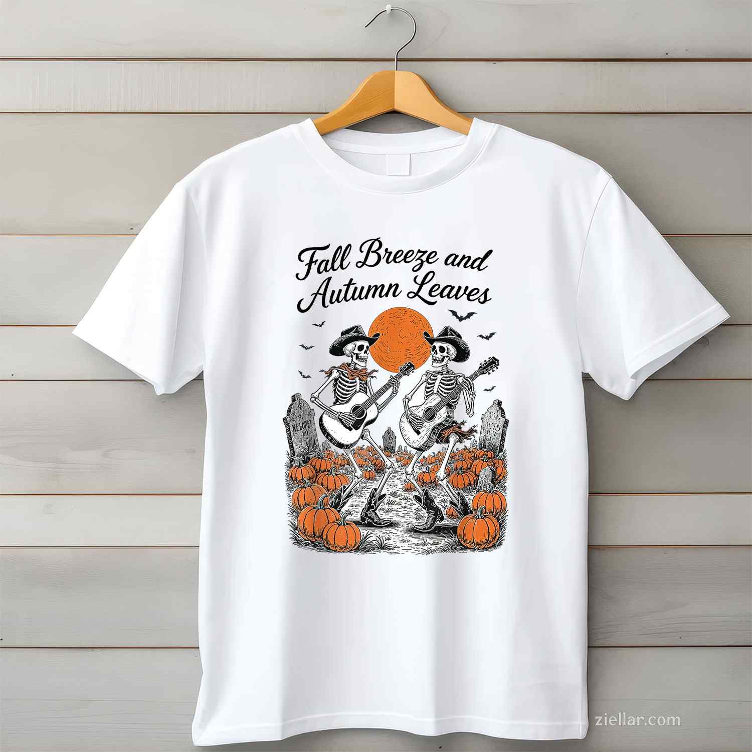 Fall Breeze and Autumn Leaves Spooky Skeleton Fall Halloween T-Shirt and Tee for Adults Men Women Unisex