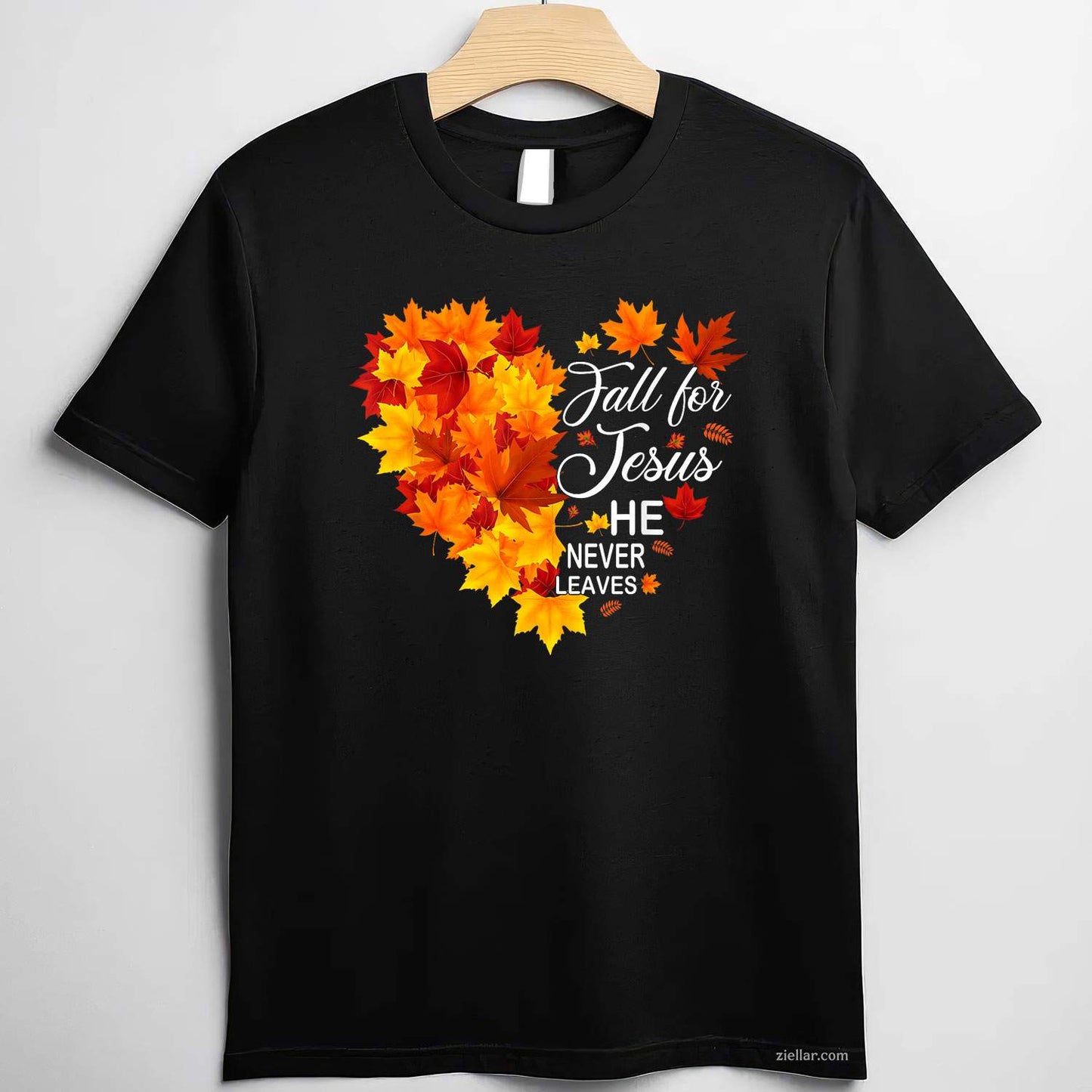 Fall For Jesus He Never Leaves Maple Autumn Heart Christian T-Shirt and Tee for Adults Men Women Unisex