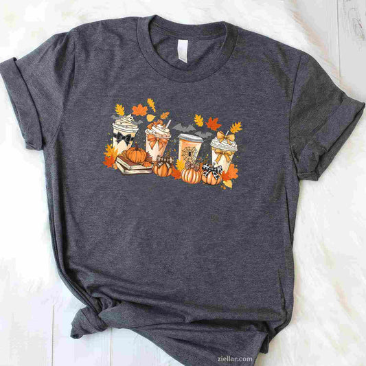 Fall Pumpkin Spice Coffee Latte Bow Book Lover Spooky Season T-Shirt and Tee for Adults Men Women Unisex