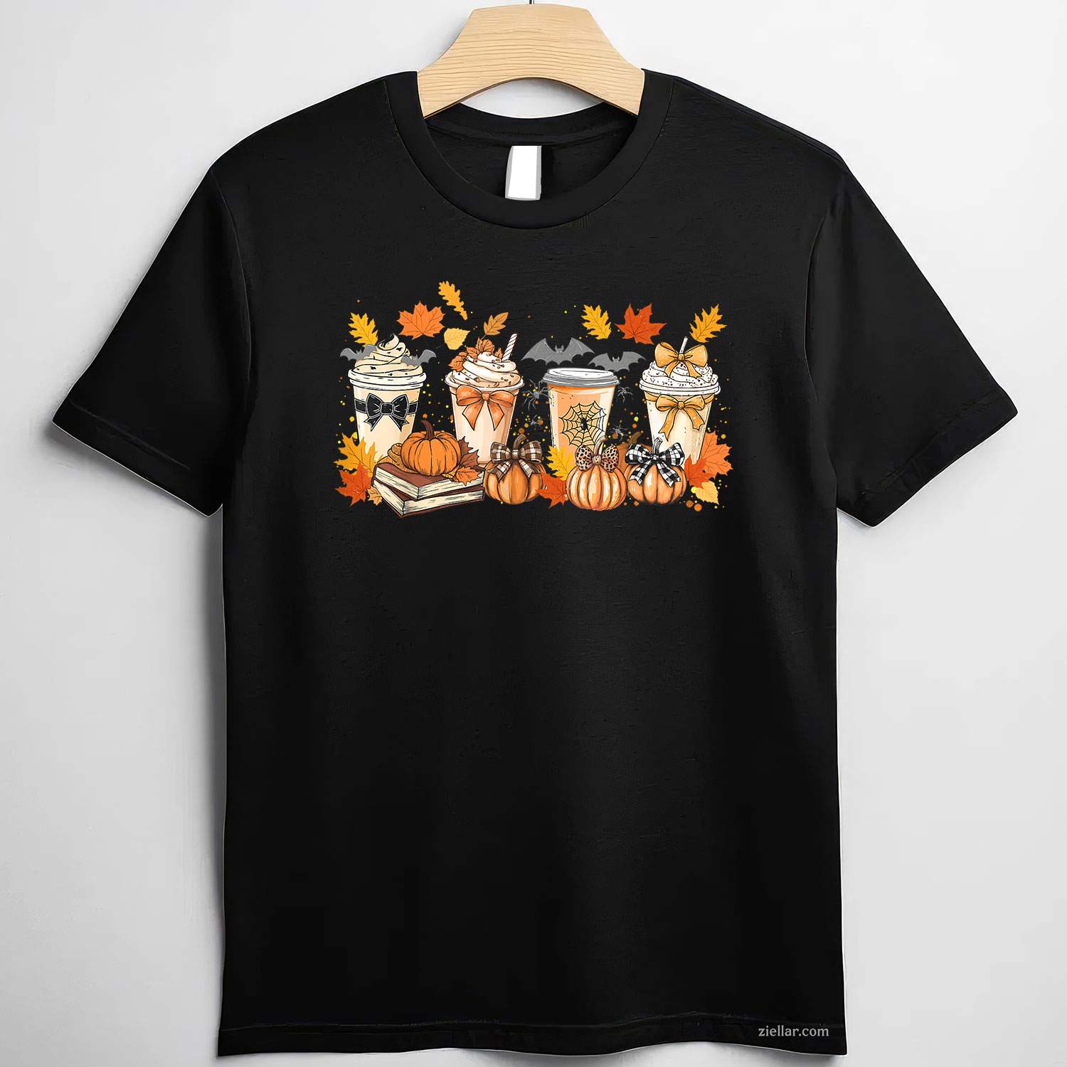 Fall Pumpkin Spice Coffee Latte Bow Book Lover Spooky Season T-Shirt and Tee for Adults Men Women Unisex