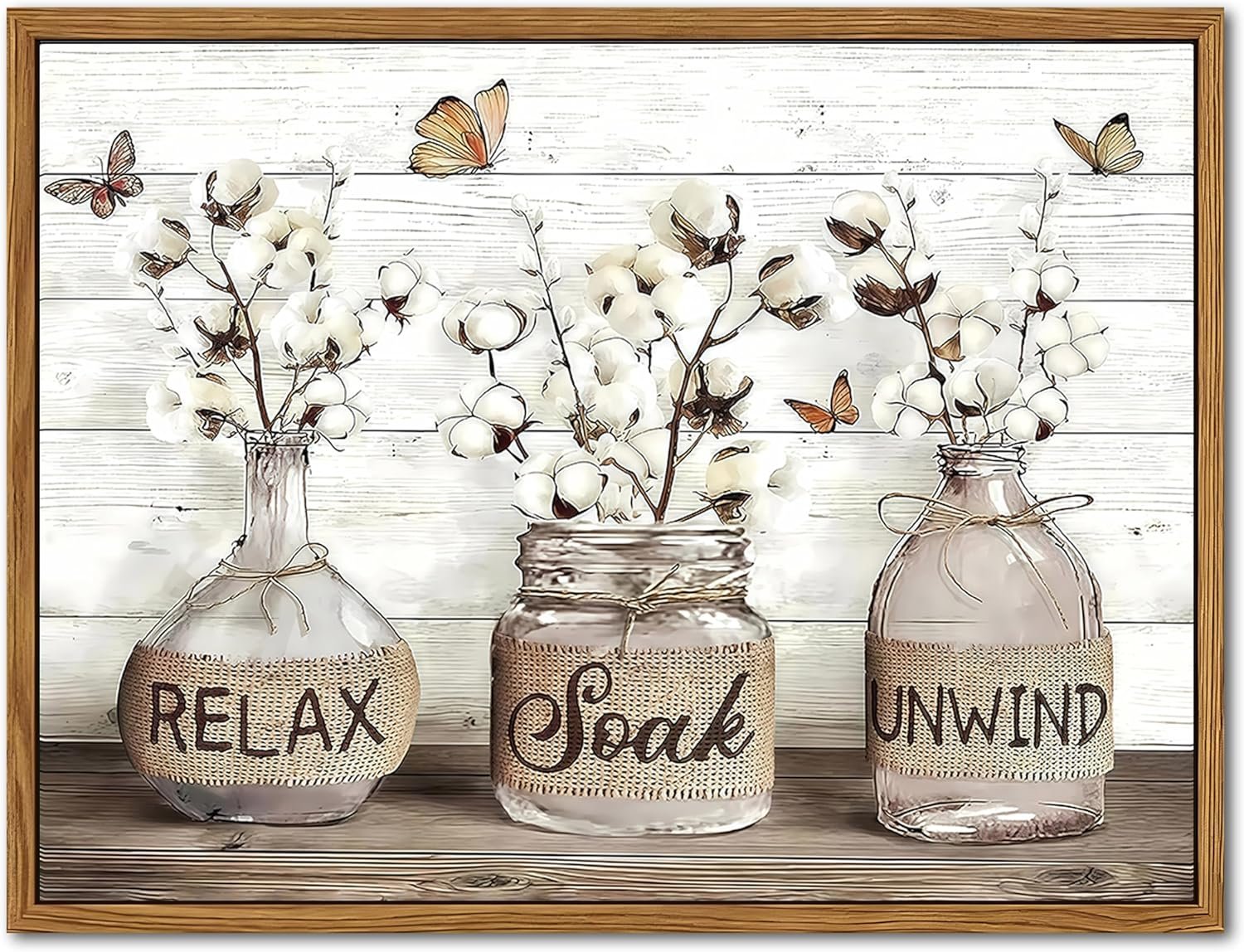 Farmhouse Bathroom Poster and Canvas, Rustic Cotton Flower Wall Art, Relax Soak Unwind Quote Canvas Print Country Home Decor 12x16 Inch