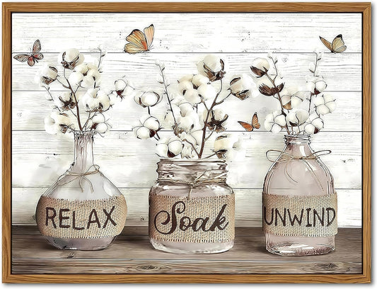 Farmhouse Bathroom Poster and Canvas, Rustic Cotton Flower Wall Art, Relax Soak Unwind Quote Canvas Print Country Home Decor 12x16 Inch