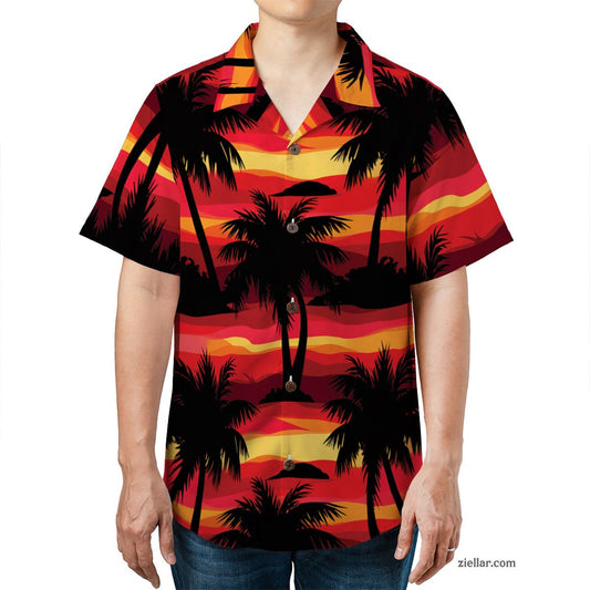 Fiery Palm Sunset Hawaiian Shirt and Tee, Tropical Summer Vacation Gift