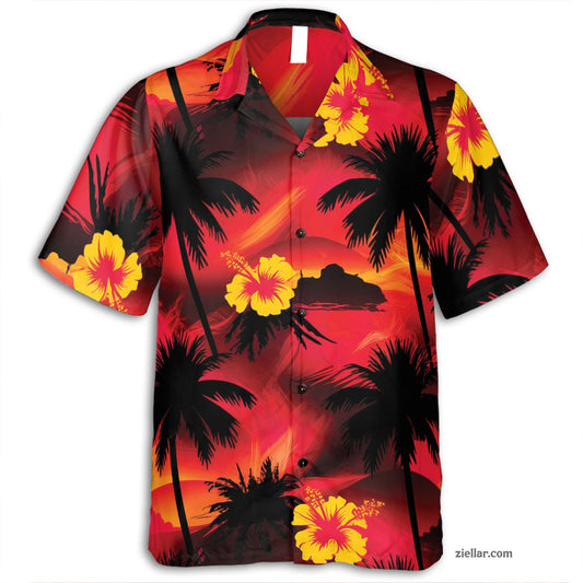 Fiery Sunset Island Hawaiian Shirt and Aloha Beach Tee for Men and Women