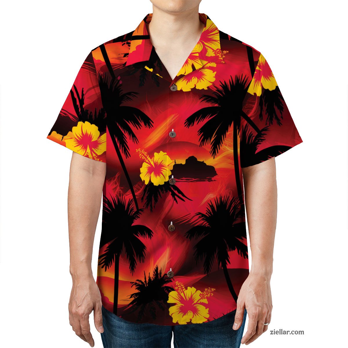 Fiery Sunset Island Hawaiian Shirt and Aloha Beach Tee for Men and Women