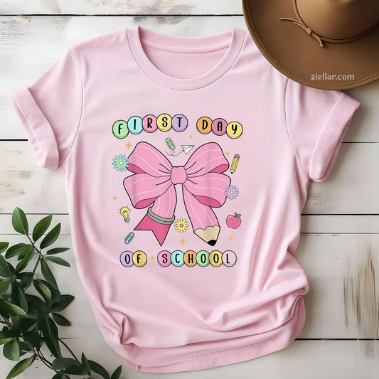 First Day of School Tee and T-Shirt, Pencil Bow Teacher T-Shirt for Adults Back to School 2025