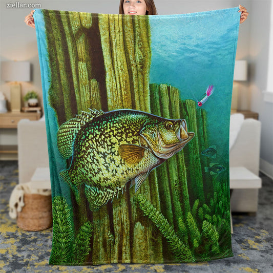 Fishing Quilt Blanket, Fleece Blanket Crappie Underwater Scene Gift for Fisherman Dad