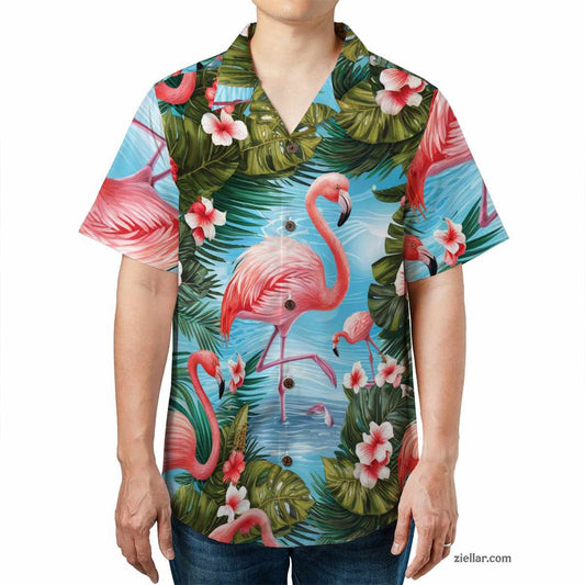 Flamingo Palm Leaf Hawaiian Shirt Tee, Summer Beach Party Outfit Gift