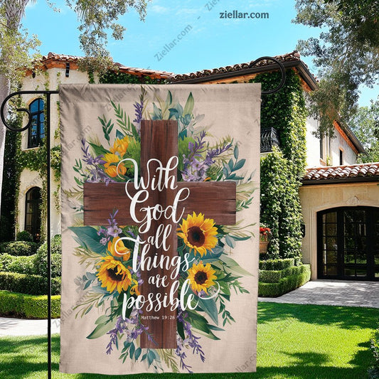 Floral Sunflower Garden Flag 12x18 With God All Things Are Possible Outdoor Decor