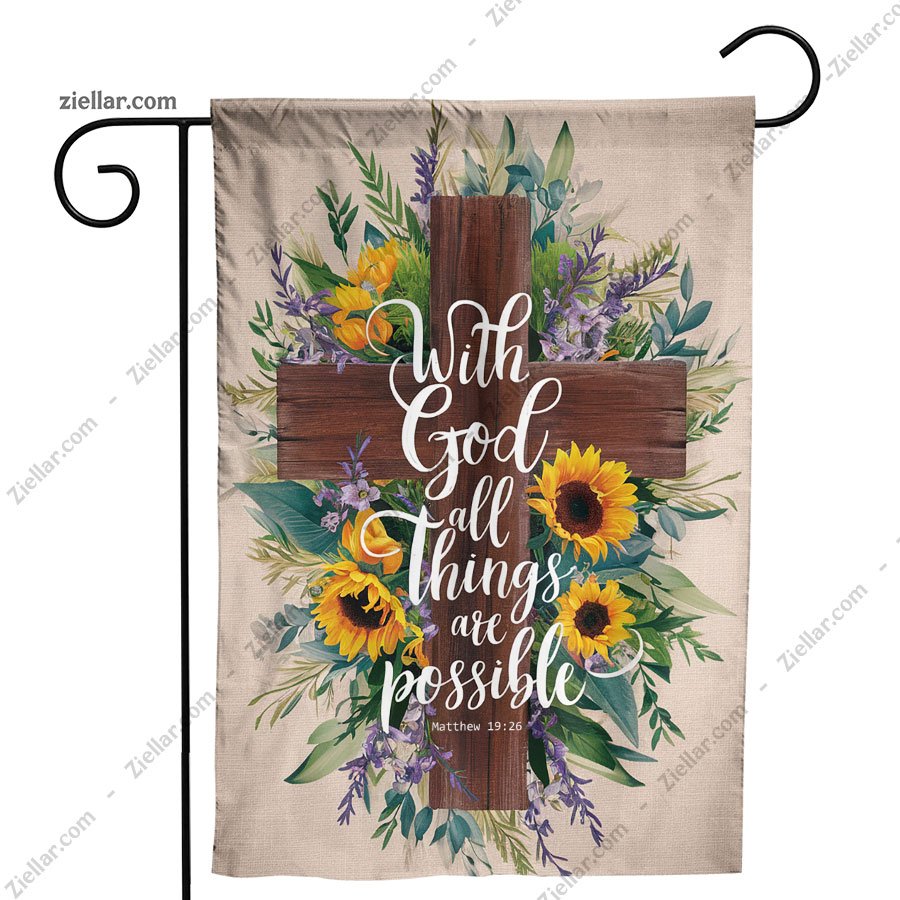 Floral Sunflower Garden Flag 12x18 With God All Things Are Possible Outdoor Decor