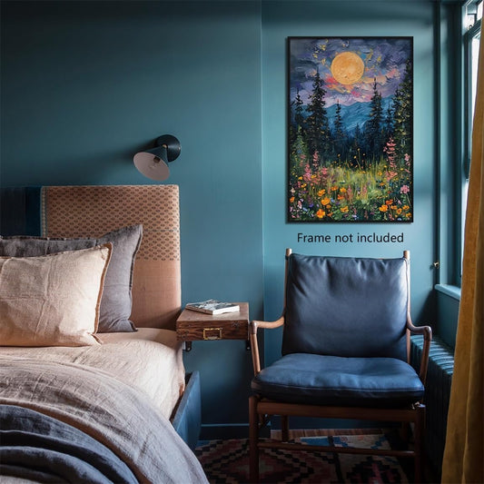 Full Moon Poster and Canvas, Midnight Wildflower Forest Landscape Wall Art, Nature-Inspired Dark Floral Canvas Print Home Decor