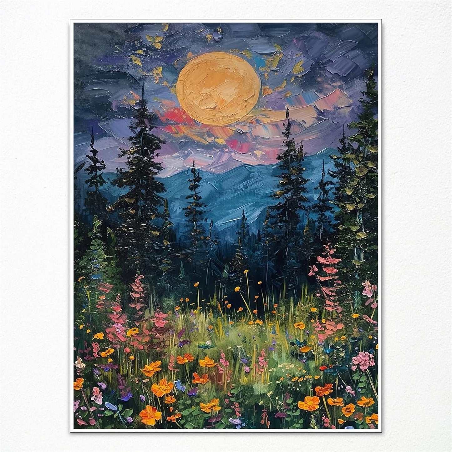 Full Moon Poster and Canvas, Midnight Wildflower Forest Landscape Wall Art, Nature-Inspired Dark Floral Canvas Print Home Decor