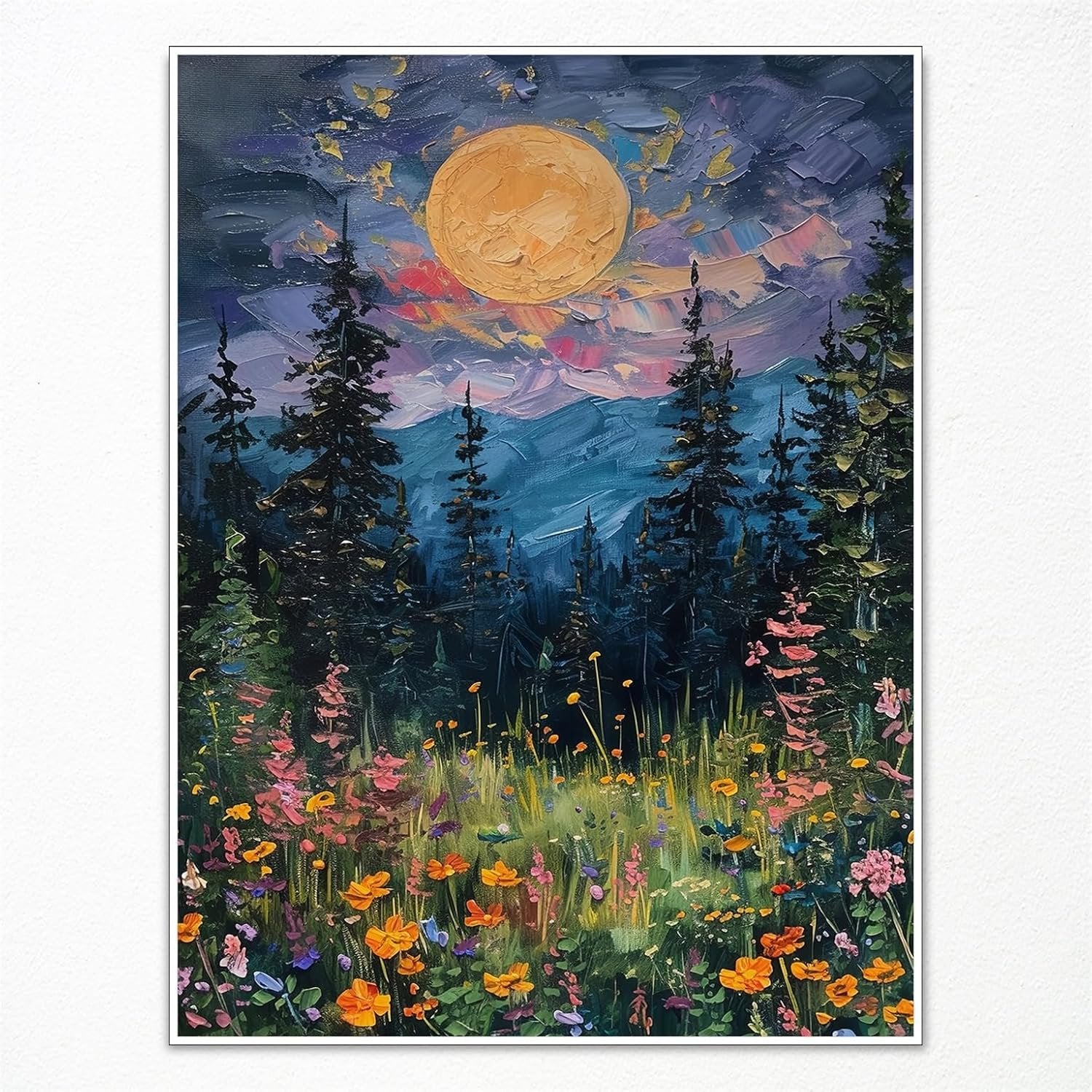 Full Moon Poster and Canvas, Midnight Wildflower Forest Landscape Wall Art, Nature-Inspired Dark Floral Canvas Print Home Decor