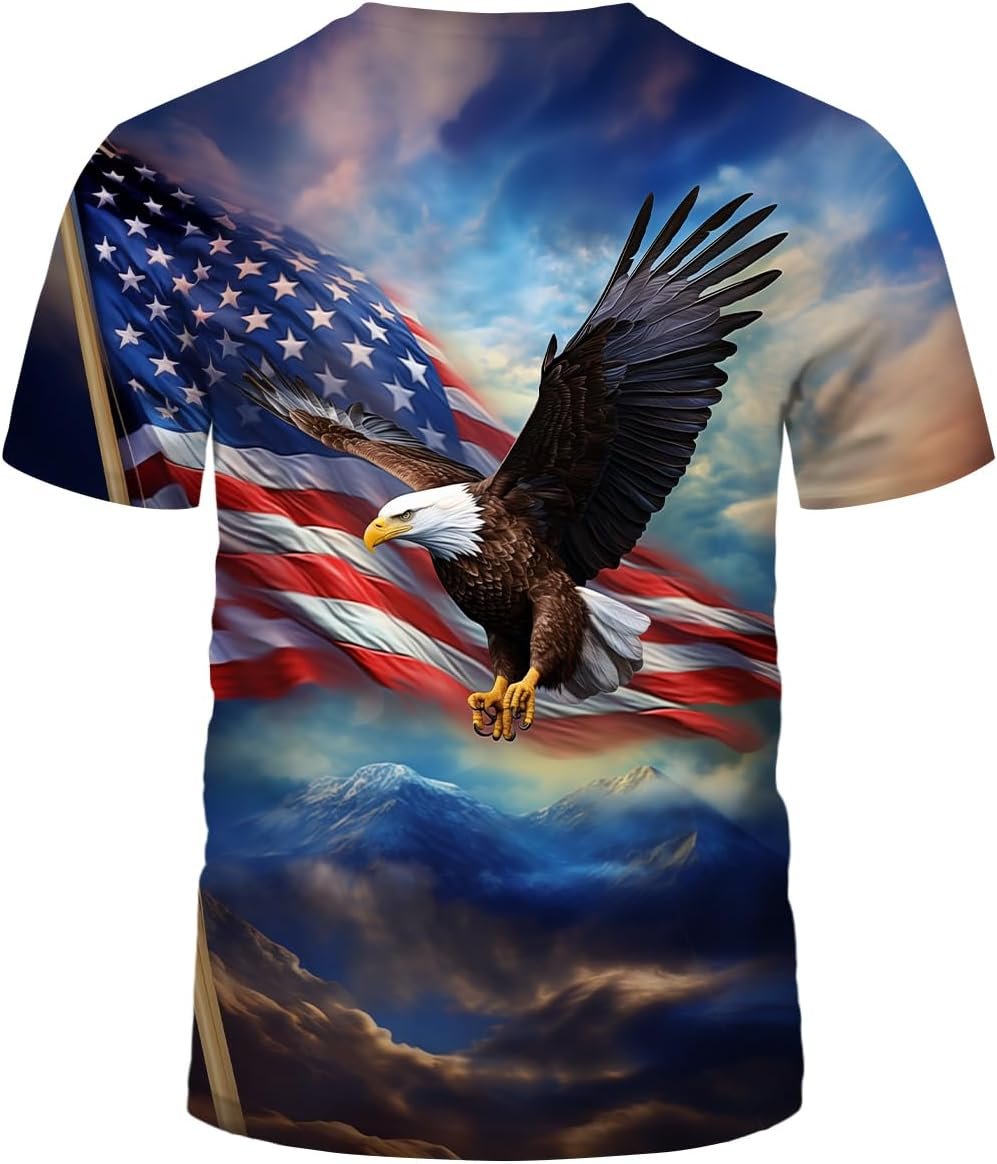 Funny Bald Eagle Tee Shirt for Men, USA Patriotic 3D T-Shirt with American Flag Print Graphic Design