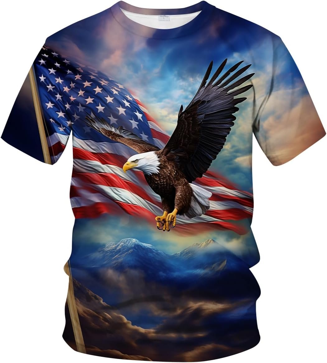 Funny Bald Eagle Tee Shirt for Men, USA Patriotic 3D T-Shirt with American Flag Print Graphic Design